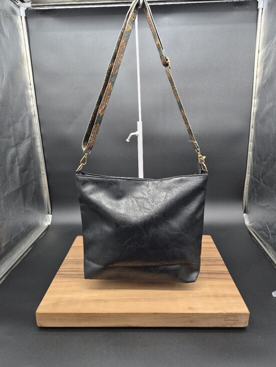 Handbags - Women's Black Faux Leather Tote with Detachable Patterned Strap, 13×10×3, NWOT